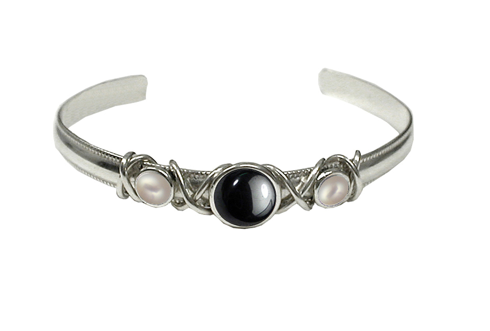 Sterling Silver Hand Made Cuff Bracelet With Hematite And Cultured Freshwater Pearl